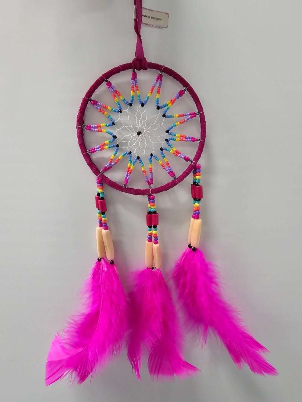 Handcrafted Rainbow Dreamcatcher with Multicolored Beads & Hot Pink Feathers